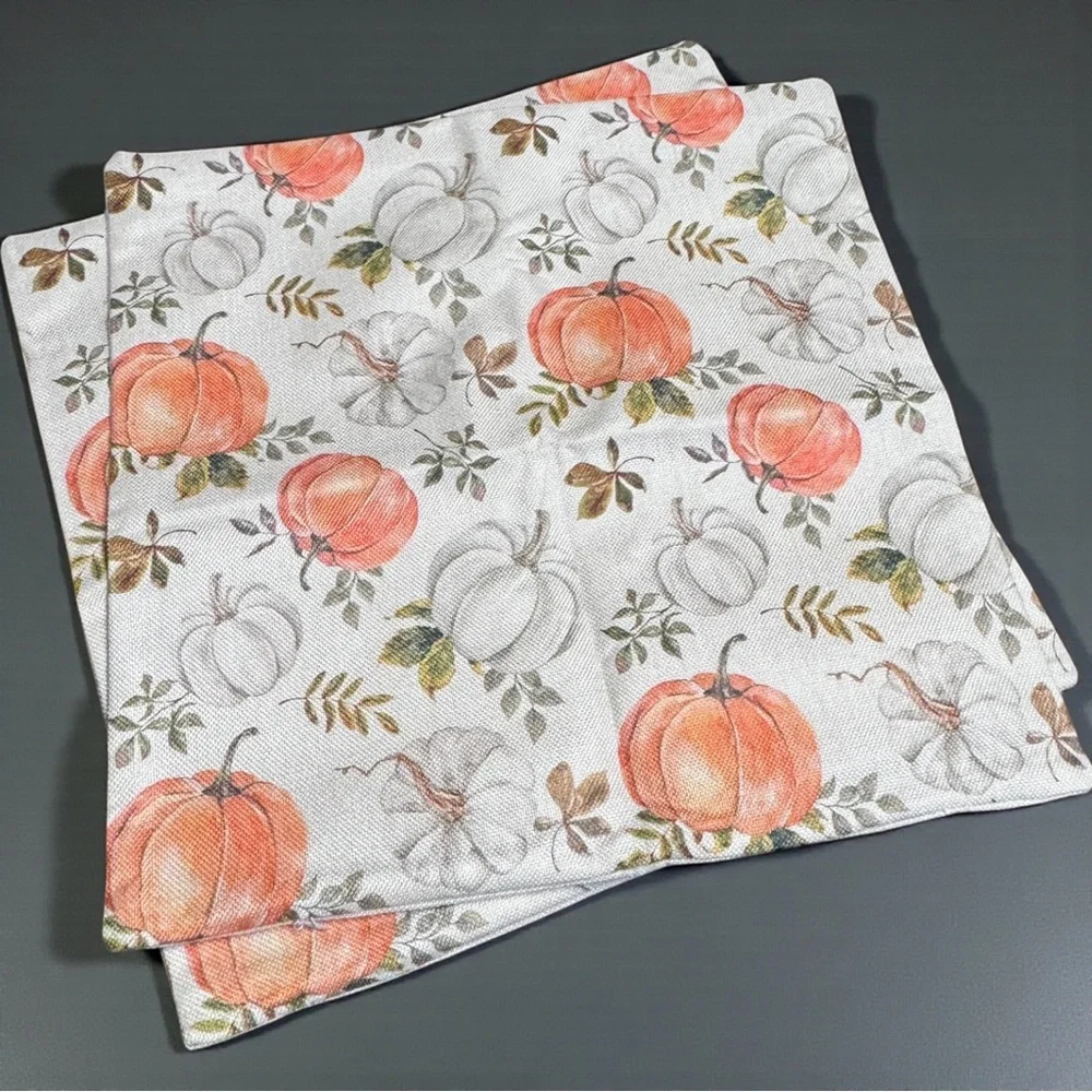 Fall Pumpkin Pillow Covers Set of 2 16x16 Linen Autumn Harvest NWOT